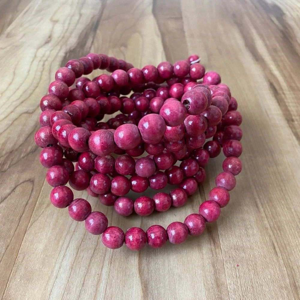 Christmas Holiday Decor Burgundy Red Wooden Bead Garland 52''